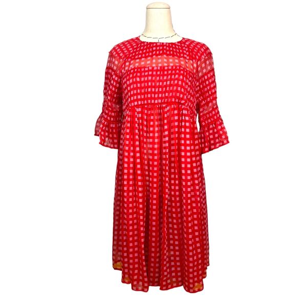 ASOS Women's Red Gingham 3/4‎ Sleeve Crew Neck Back Keyhole Smock Dress Size 6 - Picture 1 of 7